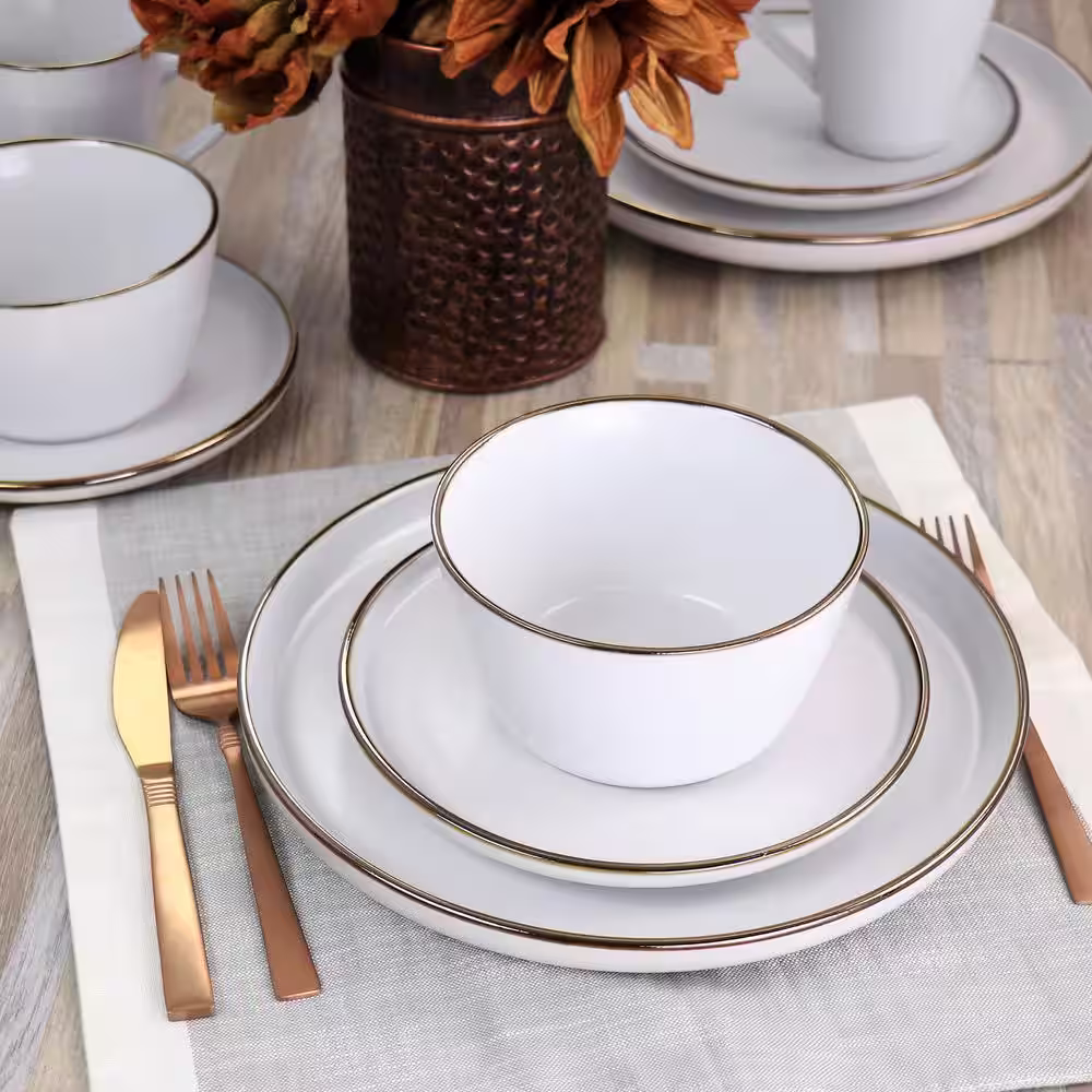 Elama Arthur 16-Piece Stoneware Dinnerware Set in Matte White with Gold Rim