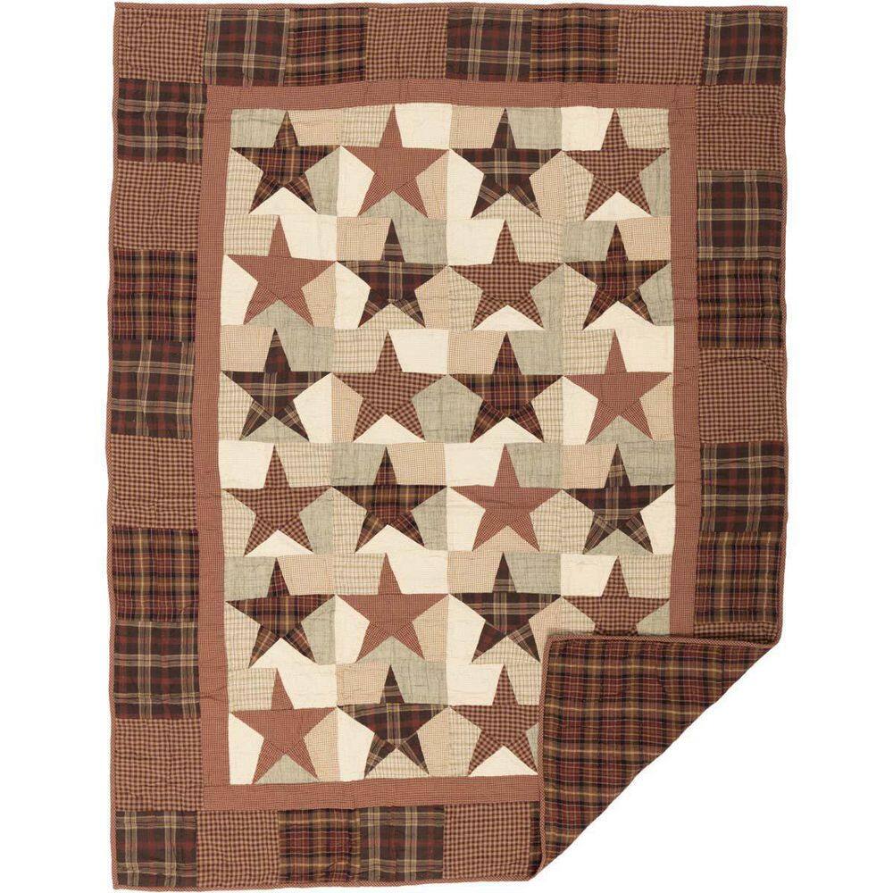 VHC BRANDS Abilene Star Burgundy Brown Tan Primitive Country Cotton Quilted 70 in. x 55 in. Throw Blanket