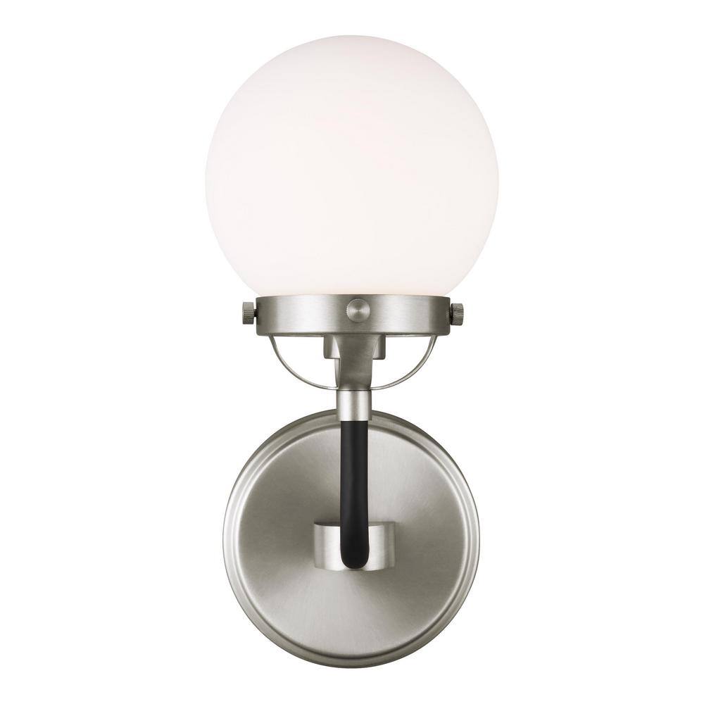 None Cafe 1-Light Brushed Nickel Sconce with Etched/White Glass Shade and Matte Black Frame Accents