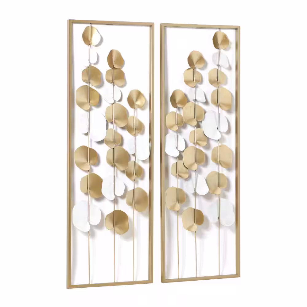 Litton Lane Metal Gold Tall Cut-Out Leaf Wall Decor with Gold Frame (Set of 2)