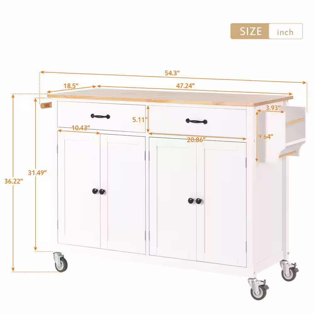 None White Rolling Kitchen Island Cart with Rubber Wood Top and Locking Wheels (54 in. W)