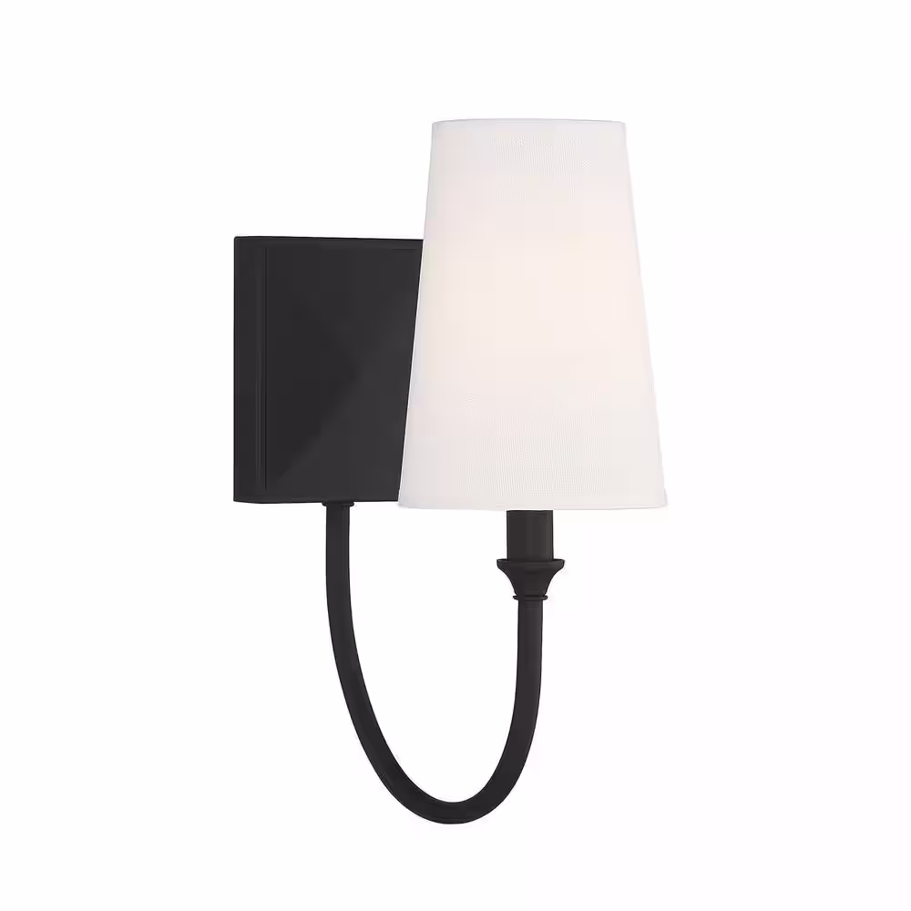 Savoy House Cameron 5 in. W x 13 in. H 1-Light Matte Black Transitional Wall Sconce with White Fabric Shade