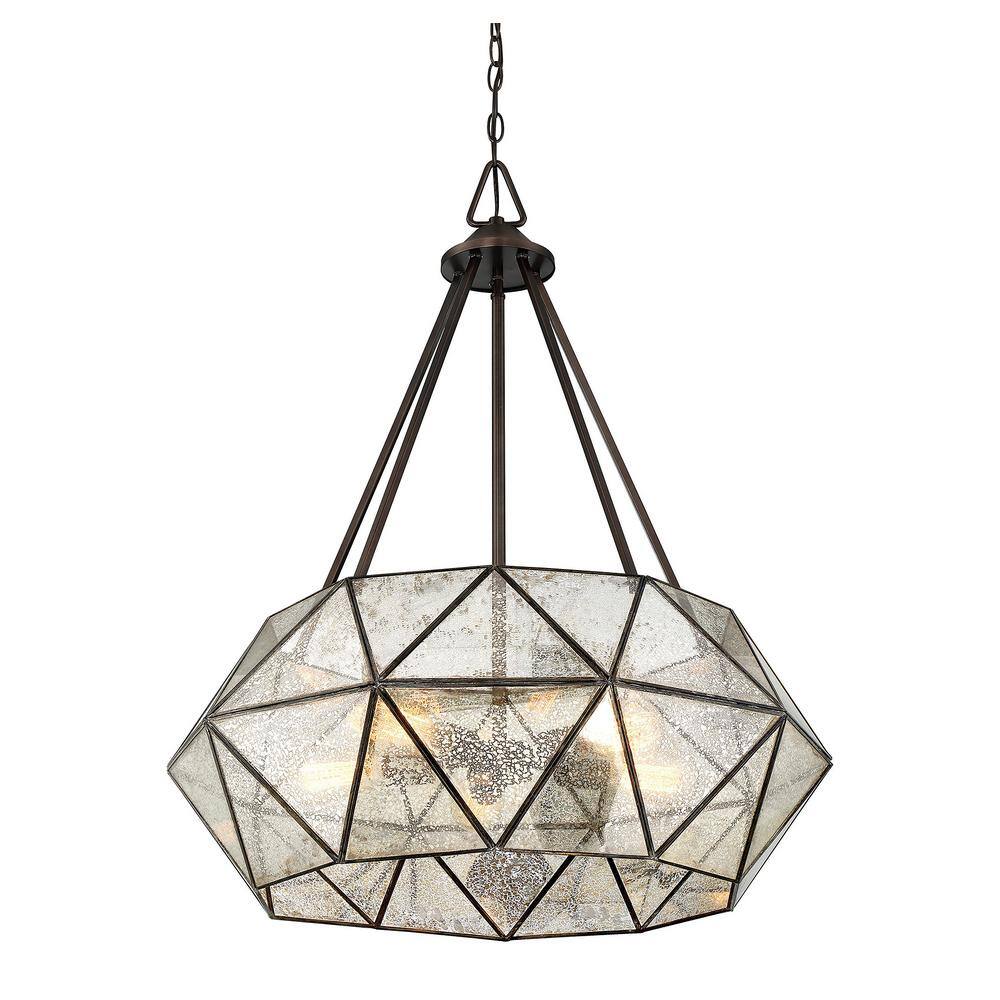 Savoy House Tartan 28 in. W x 34 in. H 5-Light Oiled Burnished Bronze Pendant Light with Mercury Glass Shade