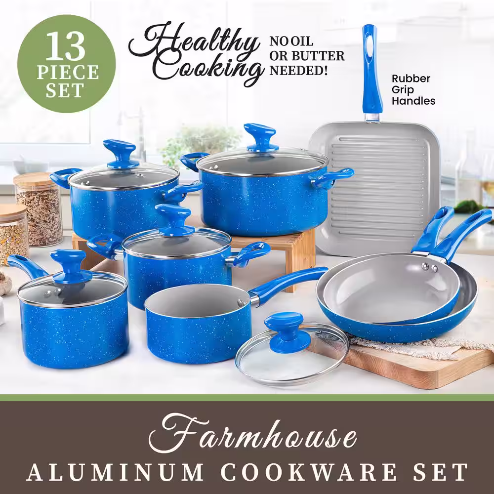 GRANITESTONE Farmhouse 13-Piece Aluminum Ultra-Durable Chalk Grey Diamond Infused Nonstick Coating Cookware Set in Speckled Blue