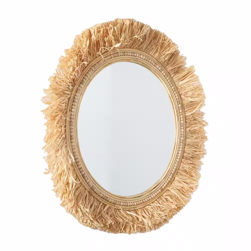 Novogratz 35 in. x 35 in. Round Framed Light Brown Wall Mirror with Fringe Detailing