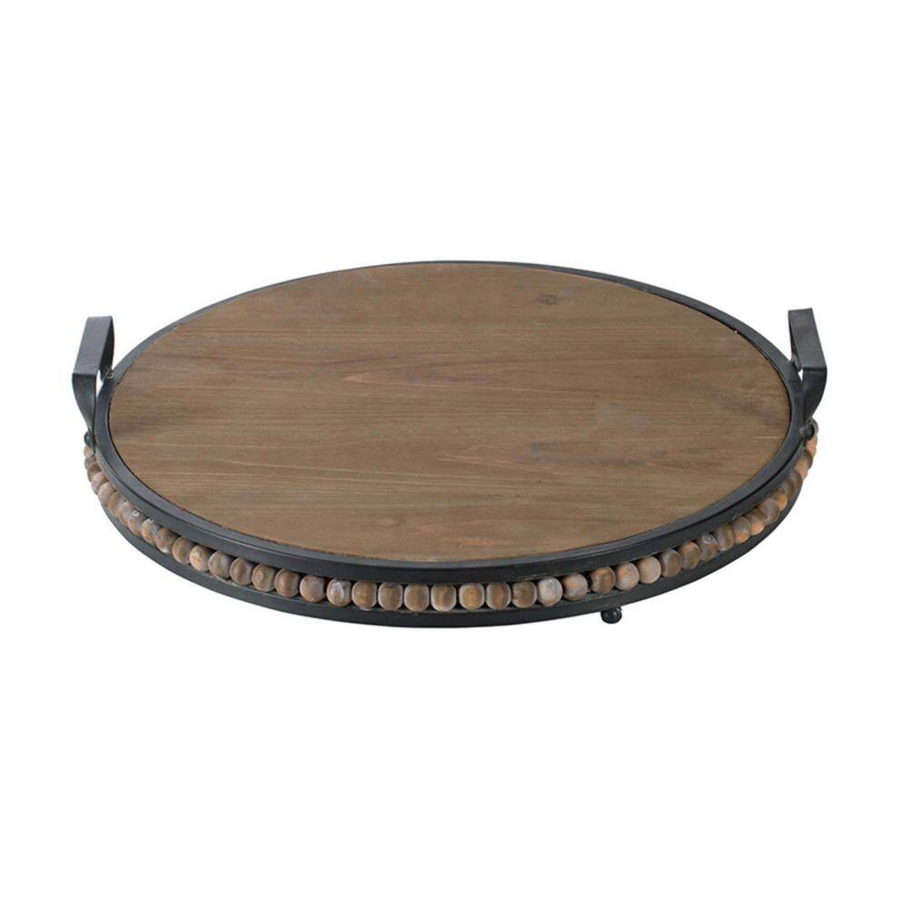 A & B Home Brown Wood Bead Tray with Metal Handles 17.5 in. Dia x 3.5 in.