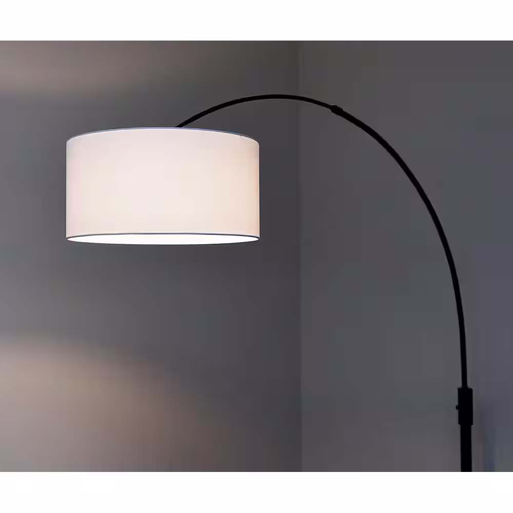 HomeGlam Orbita 82 in. Dark Bronze Furnish LED Dimmable Retractable Arch Floor Lamp, Bulb Included with Drum White Shade