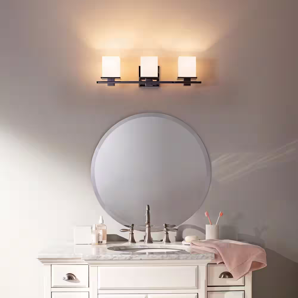 KICHLER Tully 24 in. 3-Light Chrome Contemporary Bathroom Vanity Light with Satin Etched Cased Opal Glass