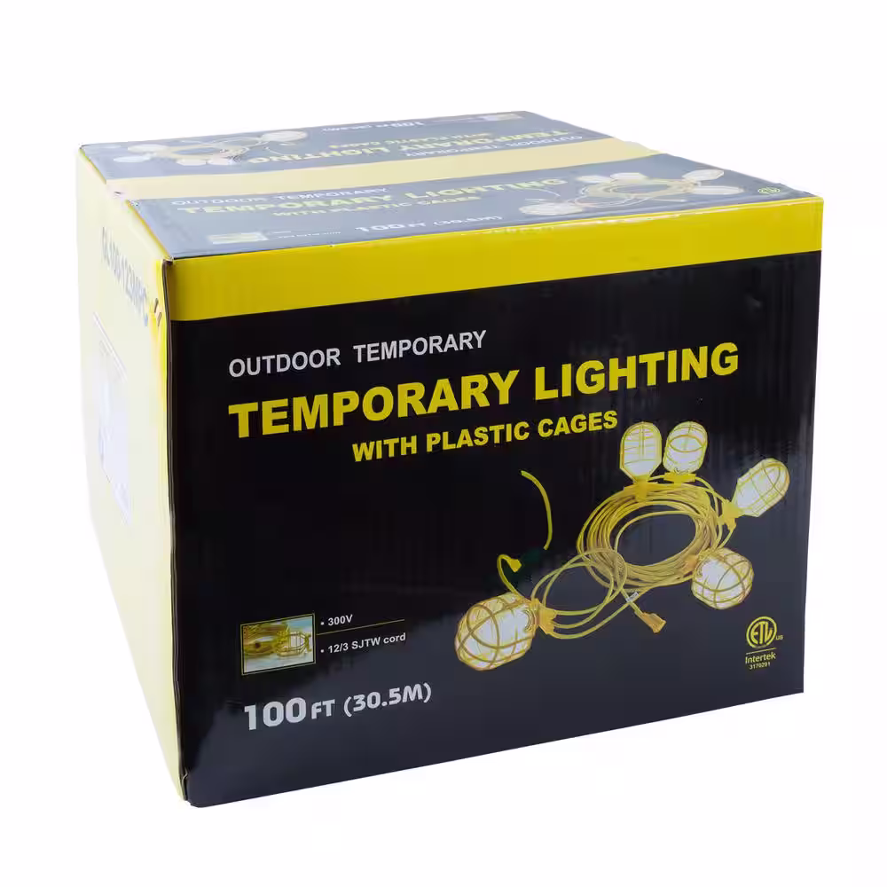 Bergen Industries 100 ft. 12/3 SJTW 10-Light Plastic Cage Temporary Light Stringer, Yellow