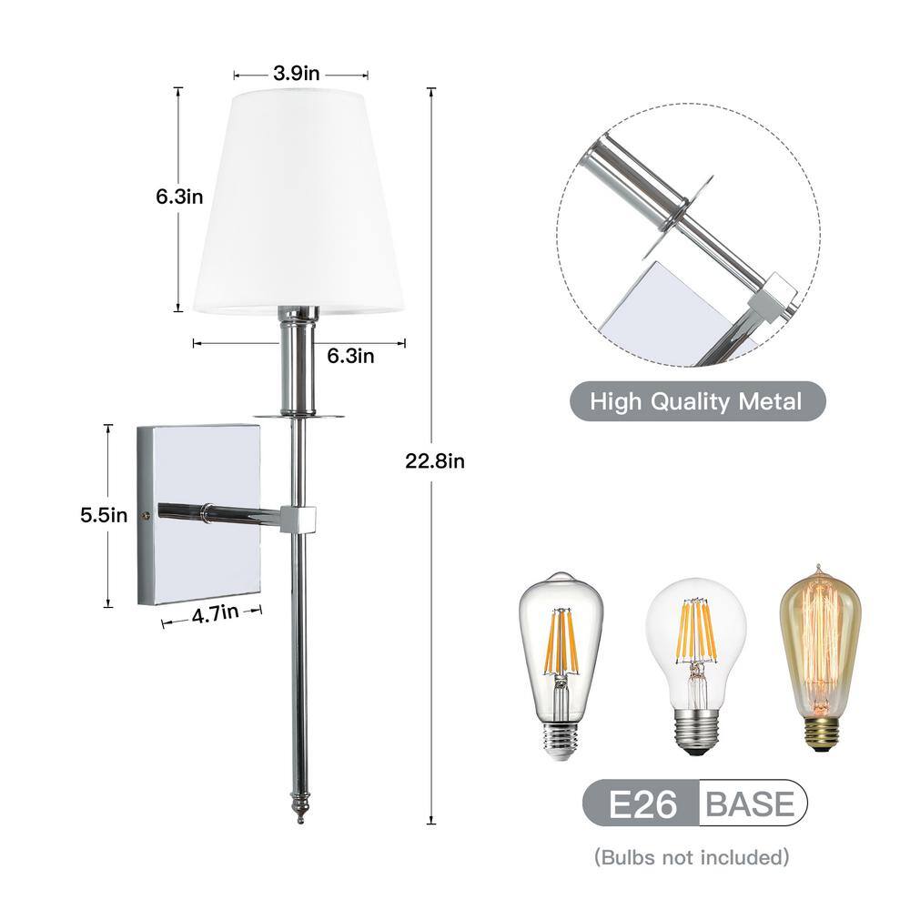 None 1-Light Polished Chrome Wall Sconce with White Fabric Shade