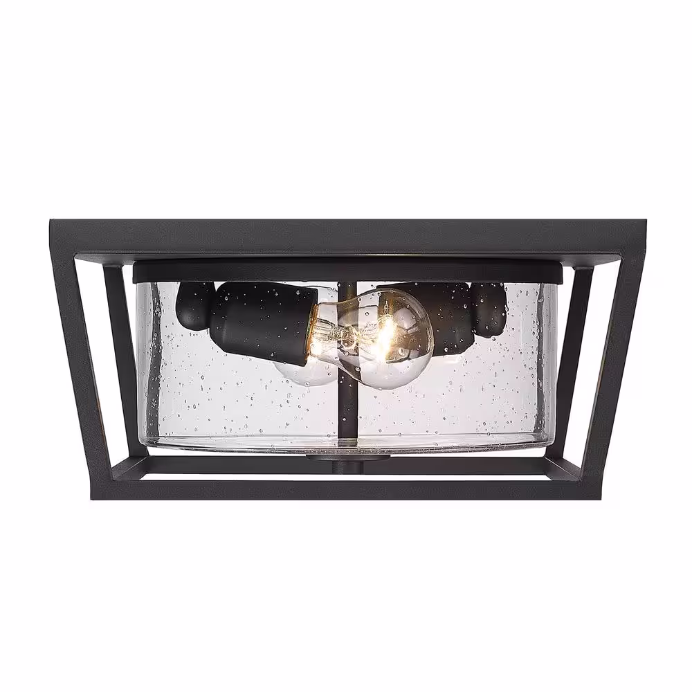 Golden Lighting Mercer 2-Light Natural Black Outdoor Flush Mount Light with Seeded Glass Shade