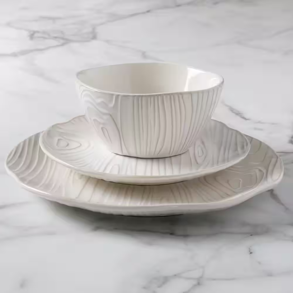 MARTHA STEWART Faux Bois 12-Piece Stoneware Dinnerware Set in White