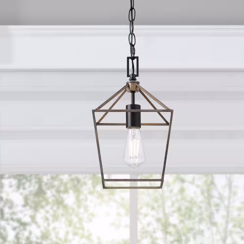 Home Decorators Collection Weyburn 1-Light Black and Faux Wood Farmhouse Mini Pendant Light Fixture with Caged Metal Shade