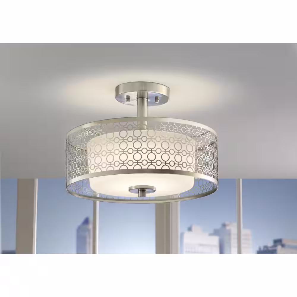 Home Decorators Collection Toberon 14 in. 1-Light Brushed Nickel LED Semi Flush Mount Ceiling Light