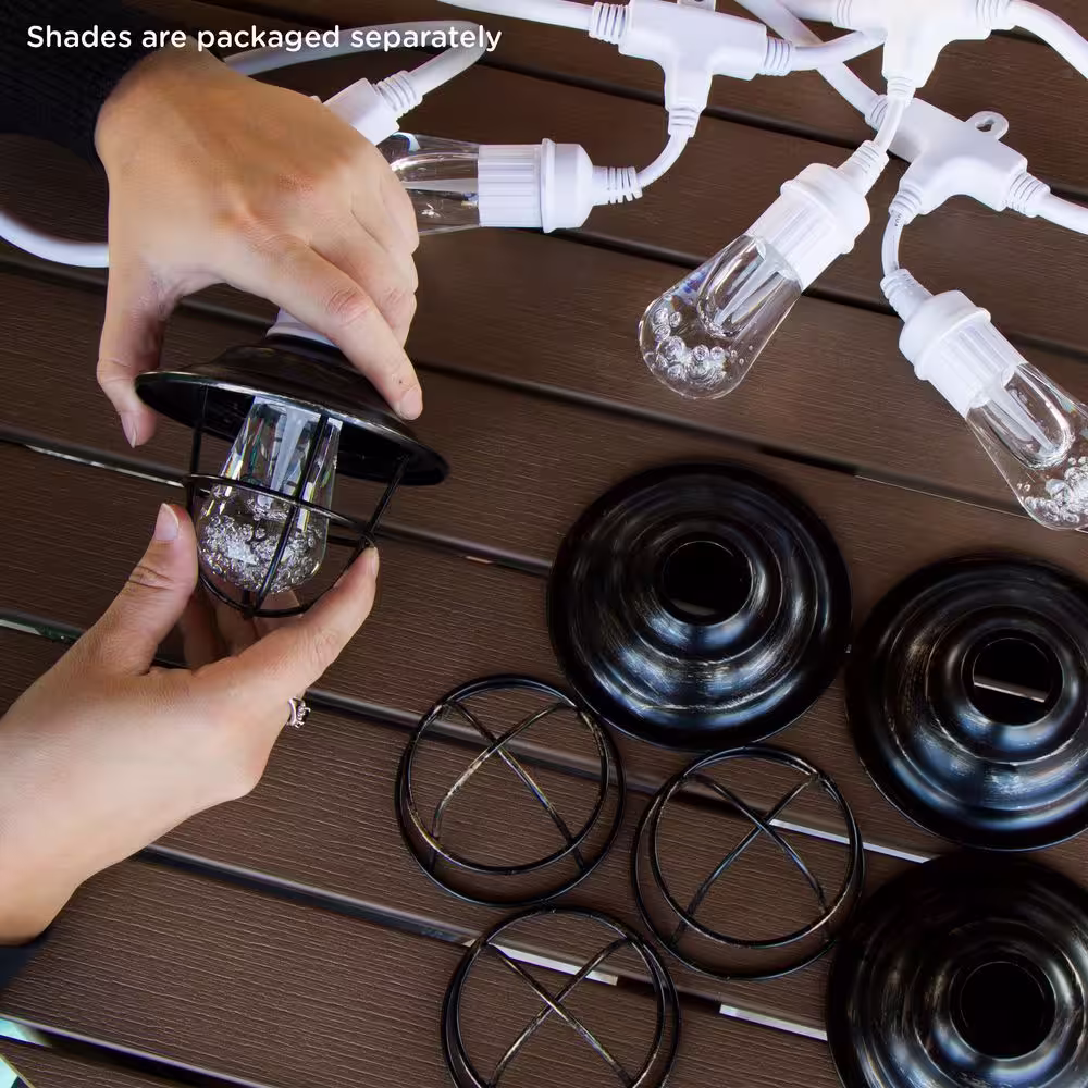 Enbrighten 6-Bulbs 12 ft. Indoor/Outdoor White Plug-In Integrated LED String Lights, Acrylic Edison Bulbs, Oil-Rubbed Bronze Shades