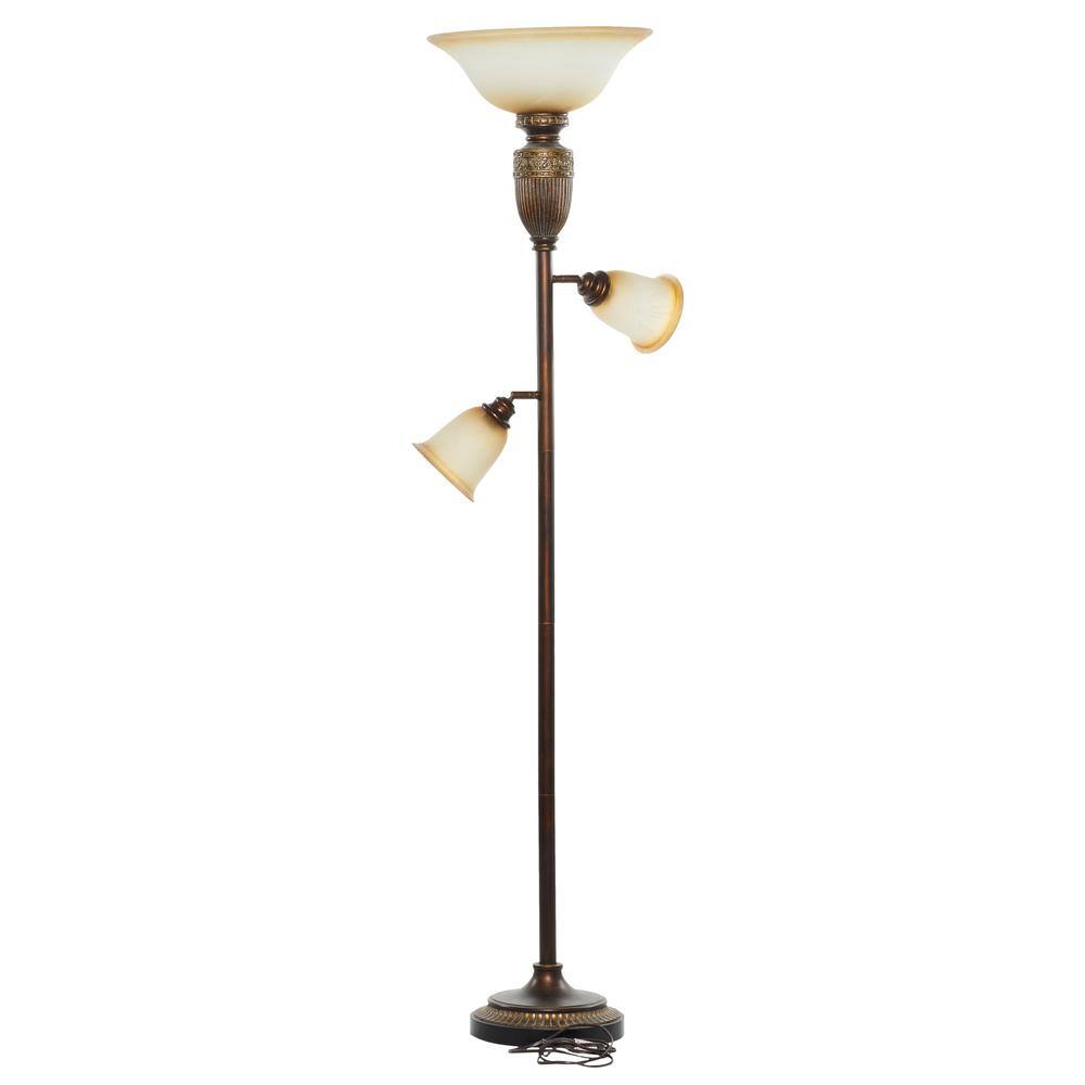 Litton Lane 70 in. Brown Antique Style 3 Light Task and Reading Torchiere with 2 Movable Glass Shades