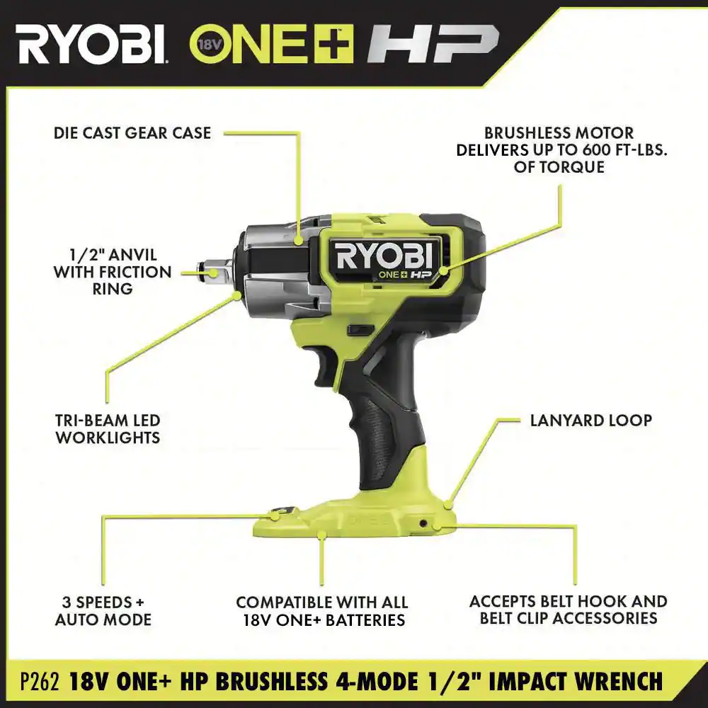RYOBI ONE+ HP 18V Brushless Cordless 4-Mode 1/2 in. Impact Wrench (Tool Only)