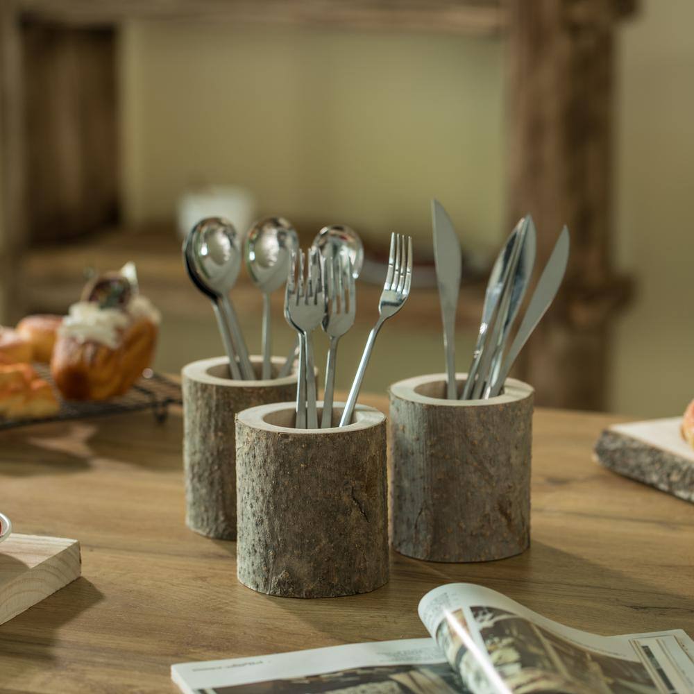 Vintiquewise Rustic Wooden Round Handcrafted Holder Organizer for Flatware Utensil and Supplies (Set of 3)