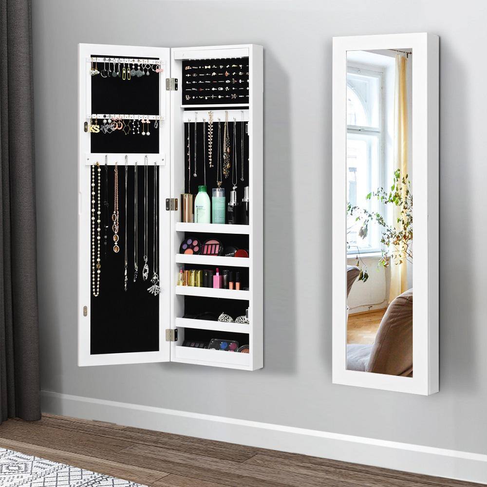 Costway Wall Door Mounted Mirrored Jewelry Cabinet Organizer Storage LED Light White