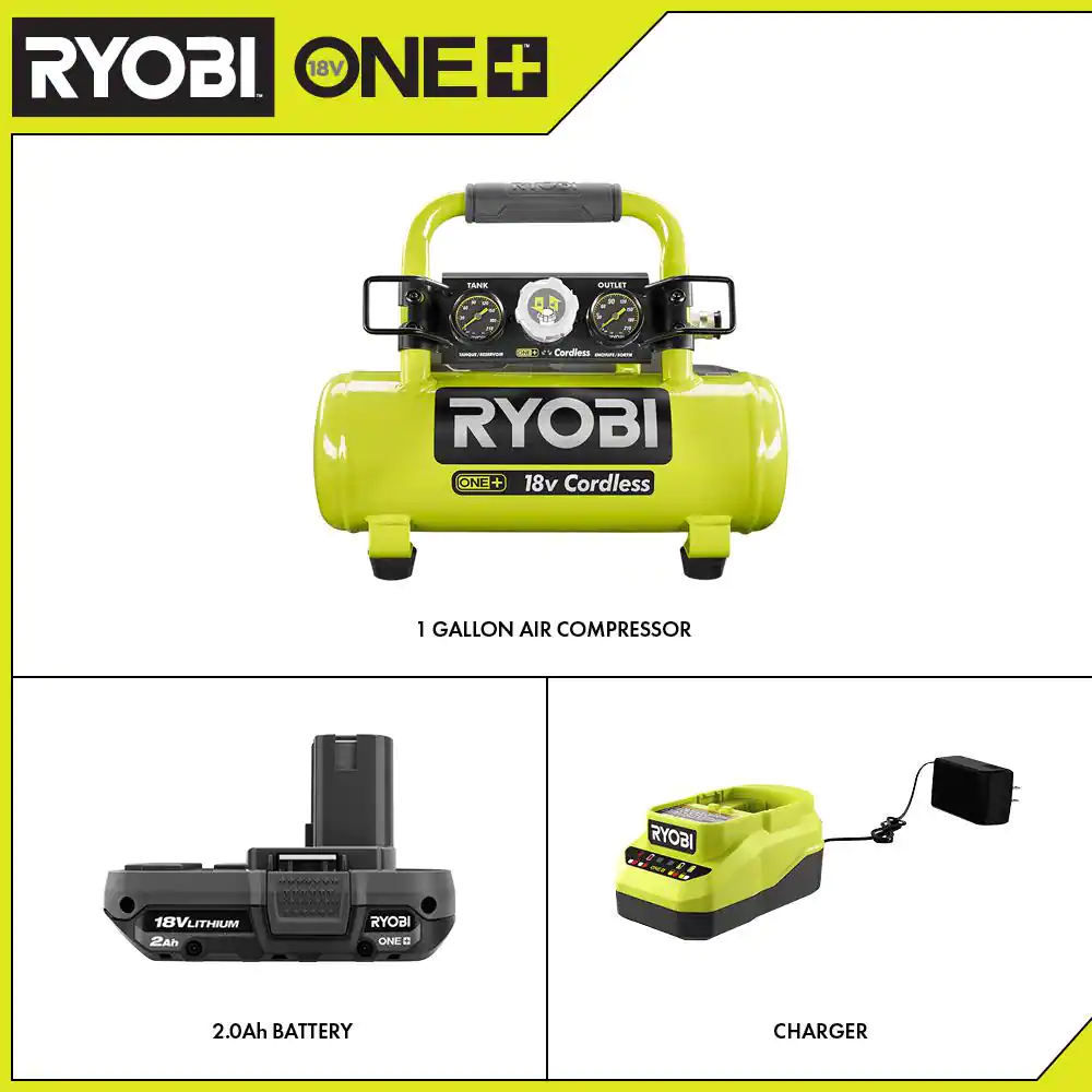 RYOBI ONE+ 18V Cordless 1 Gal. Portable Air Compressor and 2.0 Ah Compact Battery and Charger Starter Kit