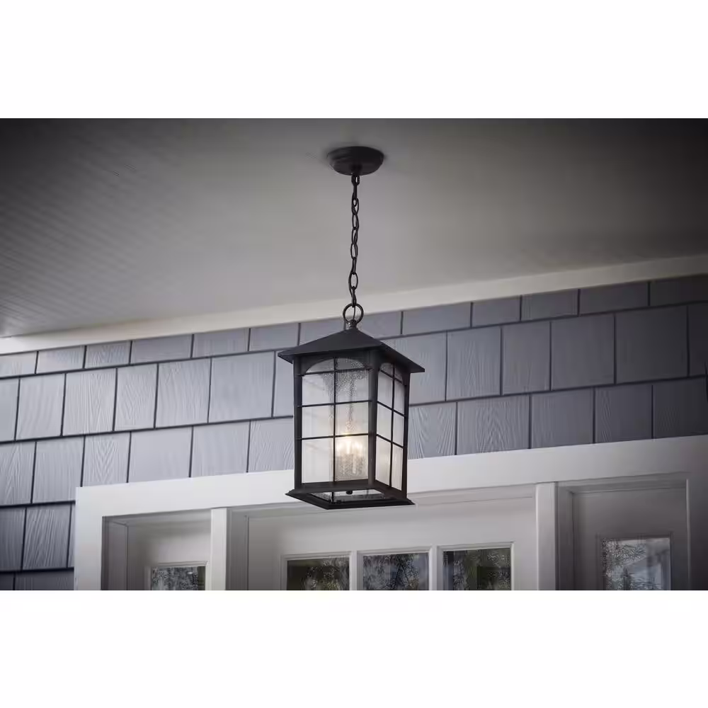 None Brimfield 3-Light Aged Iron Outdoor Hanging Lamp with Clear Seedy Glass