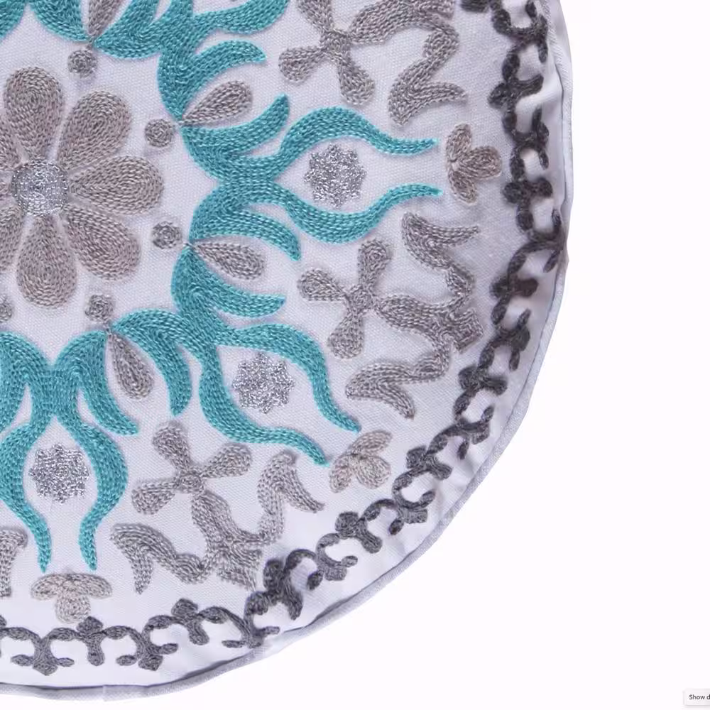 None Bondi Stripe Grey, Teal, White Medallion Embroidered 18 in. x 18 in. Throw Pillow