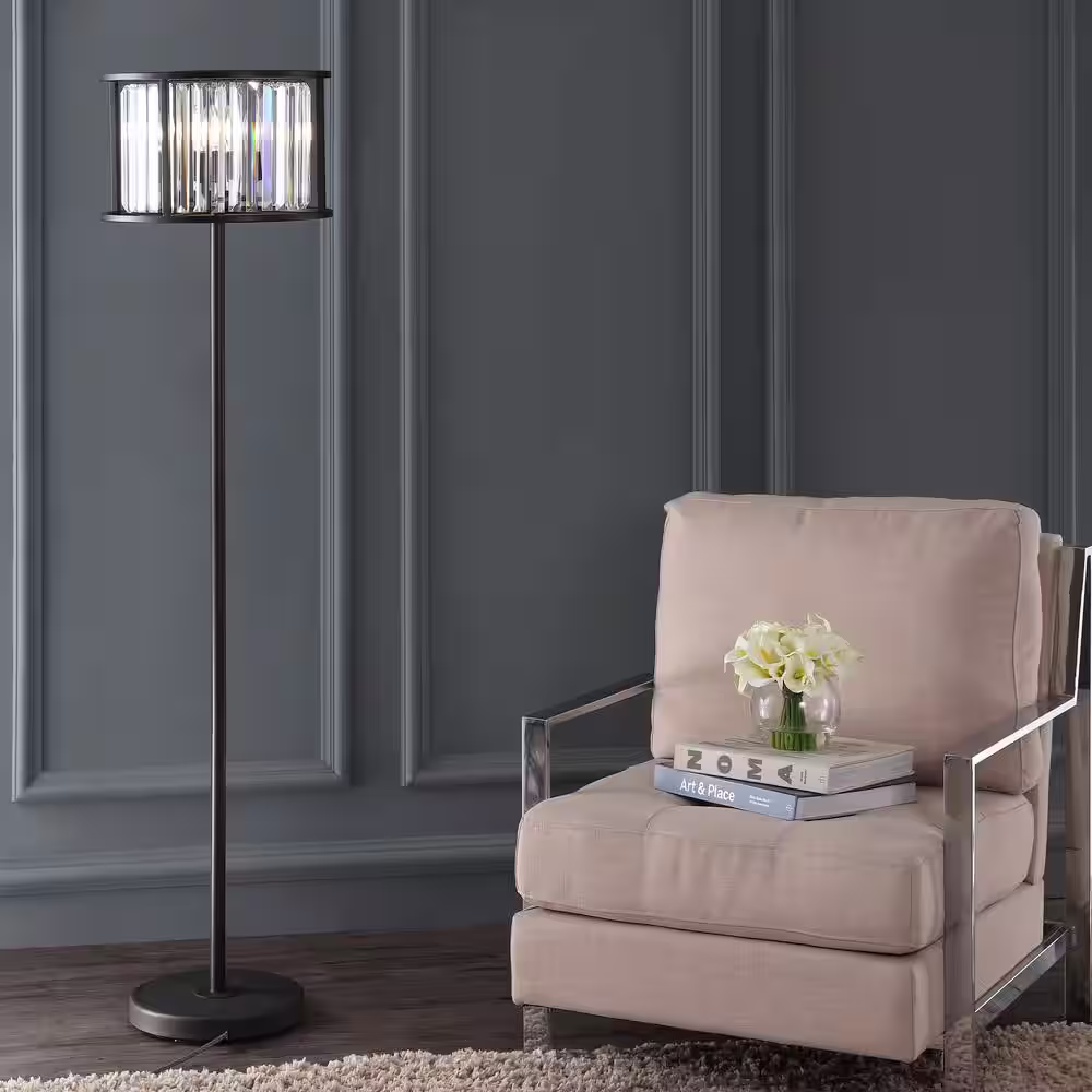 JONATHAN Y Bevin 63 in. Oil Rubbed Bronze/Crystal Metal/Crystal Round LED Floor Lamp