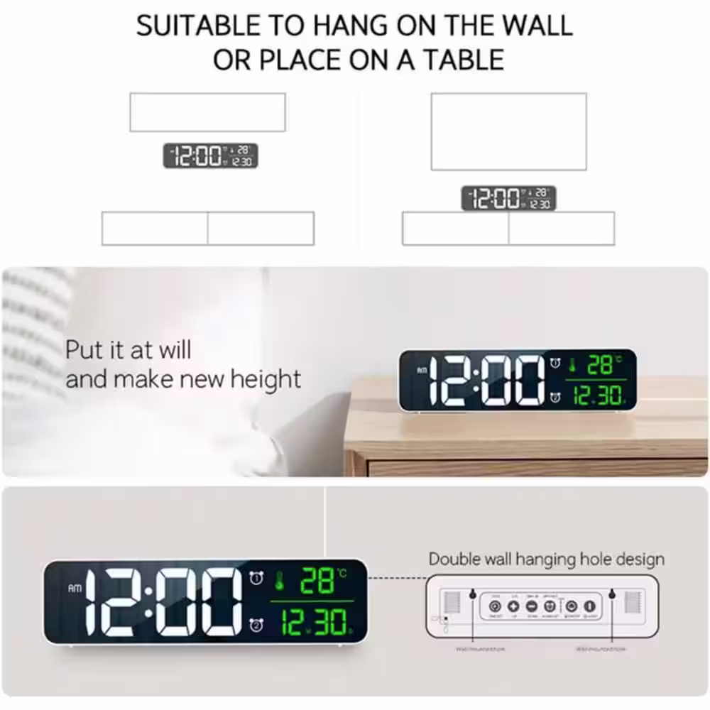 None Modern LED Large Display Wired Digital Alarm Clock in Black and Green