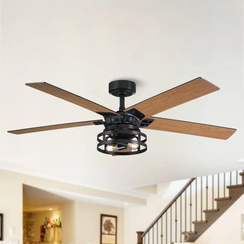 Parrot Uncle 52 in. Industrial Downrod Mount Black Ceiling Fan with Remote Control and Light Kit