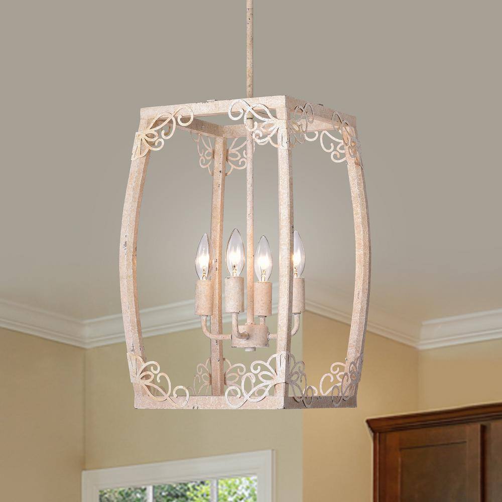 Edvivi Penelope French Country 4-Light Antique White Finish Farmhouse Lantern Pendant with Filigree Accents