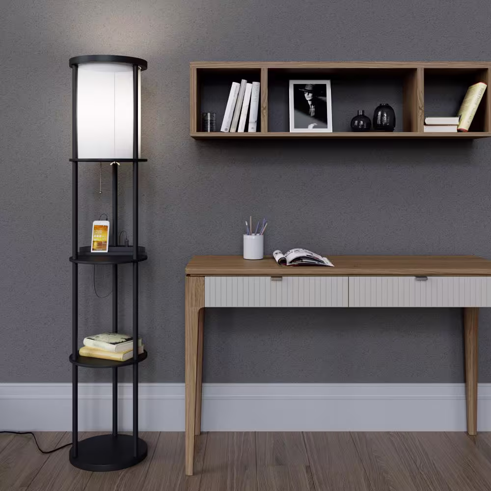 None 62.5 in. Black Shelf Lamp with USB + USBC