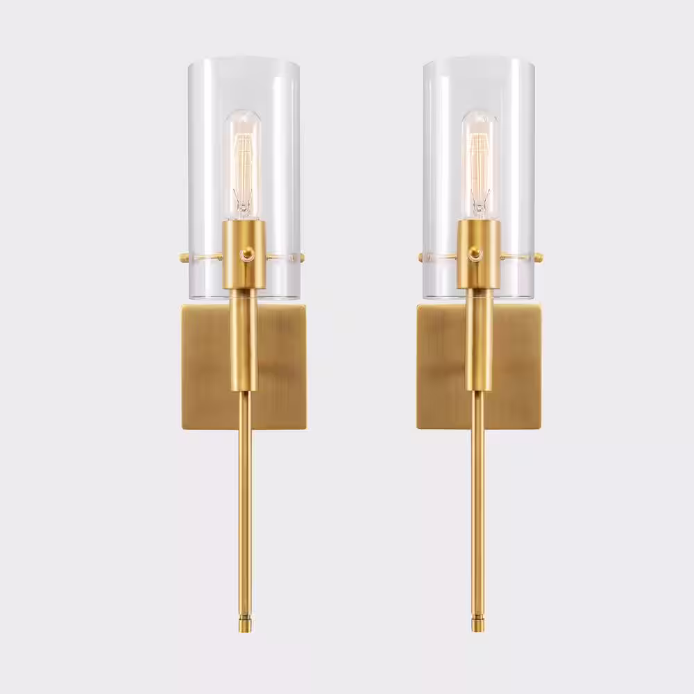 KAWOTI 1-Light Gold Cylindrical Armed Sconce Set with Glass Shade (Set of 2)