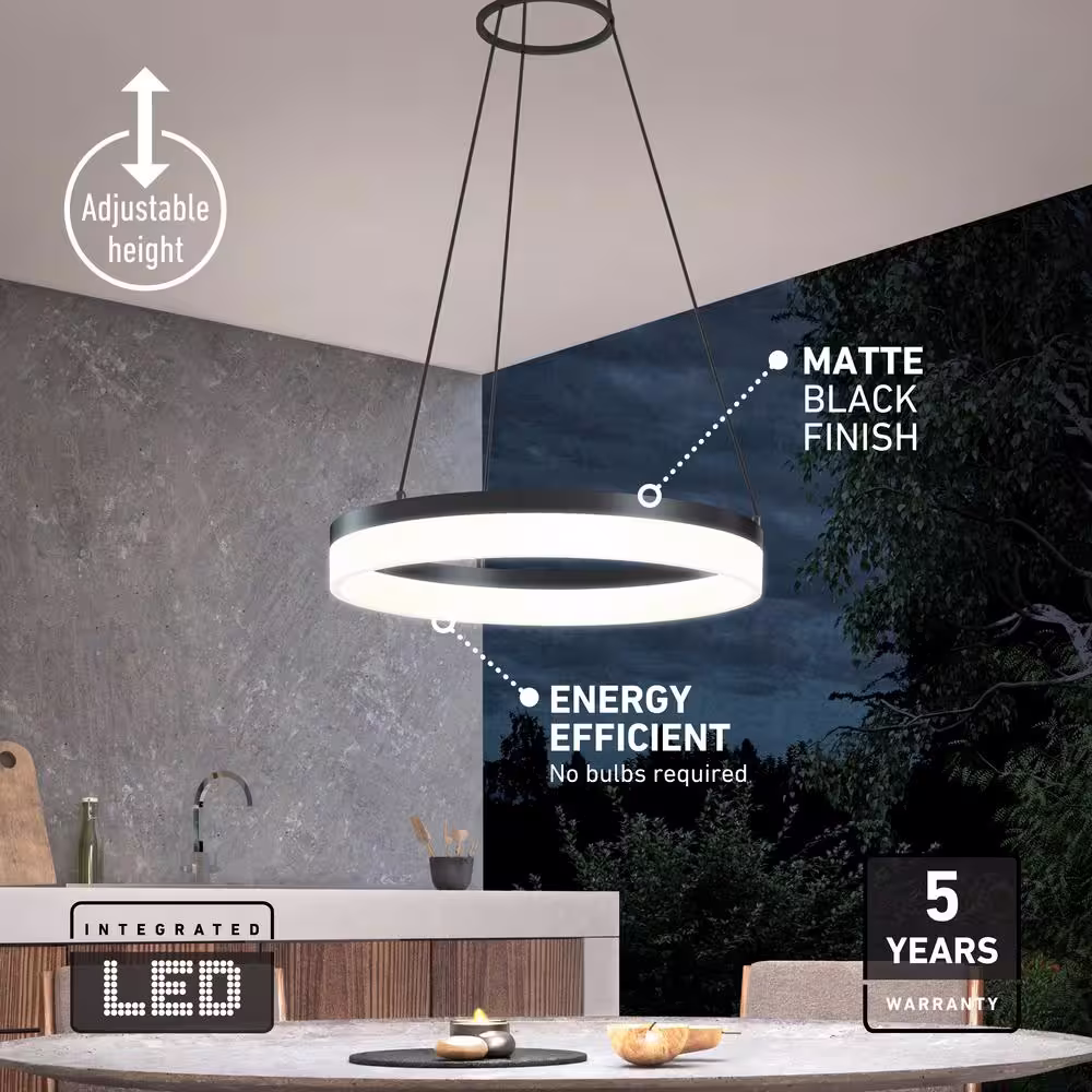 Artika Optical Ring 1-Light Black Modern 3 CCT Intergrated LED Outdoor Ceiling Hanging Porch Pendant Light