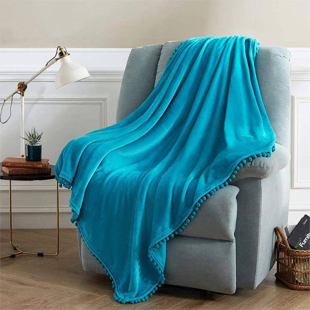 None Teal 50 in. x 60 in. Lightweight Soft Microfiber Throw Blanket with Pom Pom Fringe