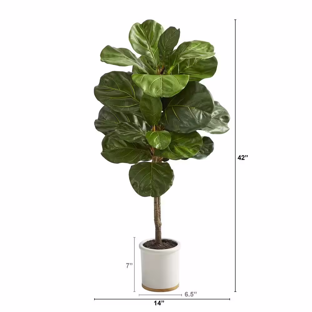 Nearly Natural 3.5 ft. Fiddle Leaf Artificial Tree in White Ceramic Planter