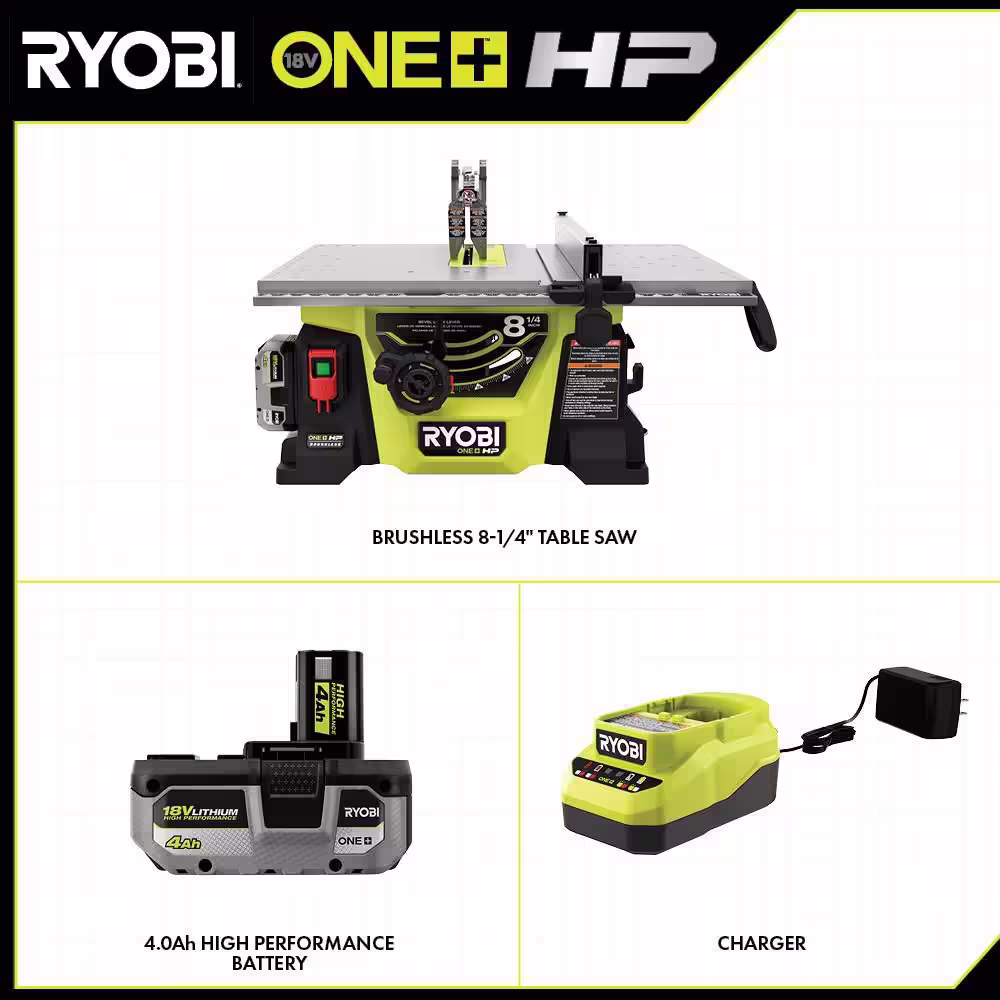 RYOBI ONE+ HP 18V Brushless Cordless 8-1/4 in. Compact Portable Jobsite Table Saw Kit with (2) 4.0 Ah Batteries and Charger