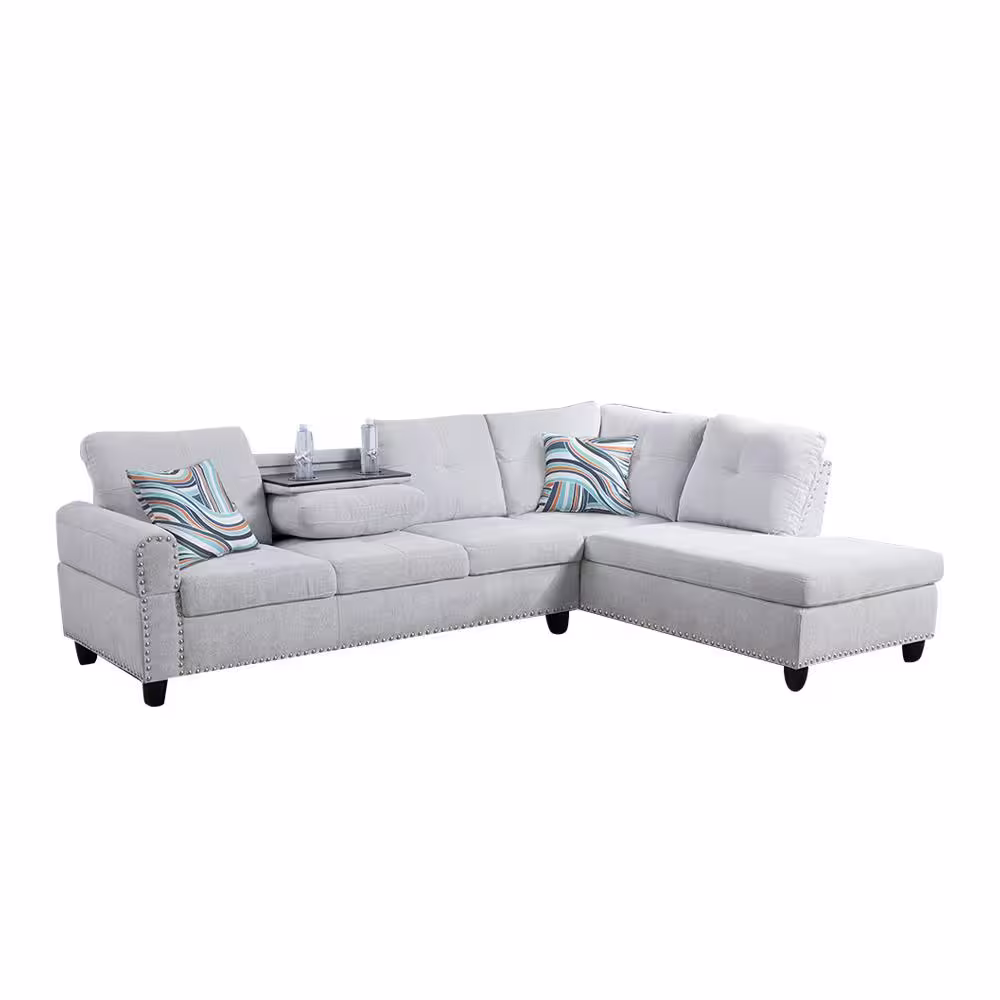 Star Home Living 103.50 in. W Round Arm 2-piece Fabric L Shaped Modern Left Facing Sectional Sofa Set in Gray w/Drop Down Table