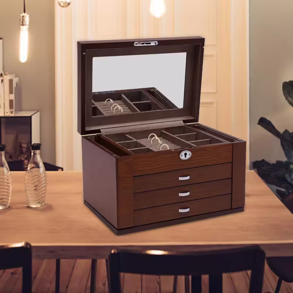 None 11.8 in. x 7.1 in. Burlywood Wooden 4 Layer Jewelry Box with Mirror