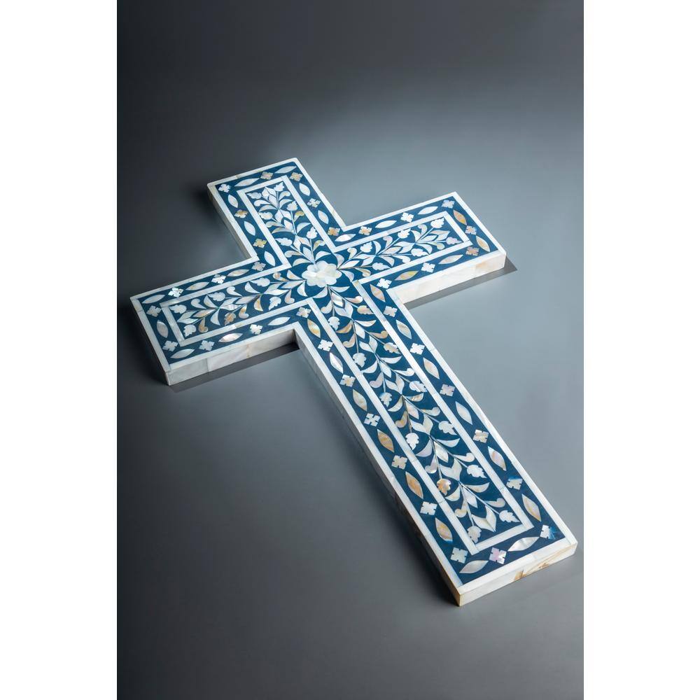 GAURI KOHLI Jodhpur Mother of Pearl Wall Cross Blue Decorative Sign