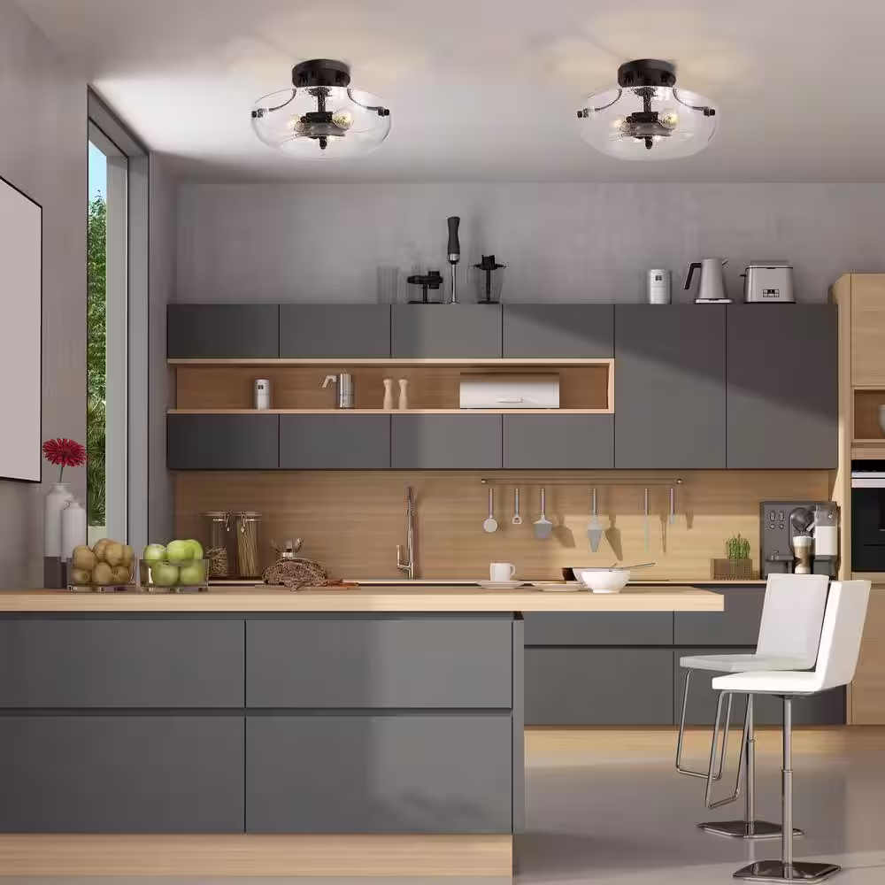 Uolfin Farmhouse Bowl Ceiling Light 3-Light Industrial Black Breakfast Nook Semi-Flush Mount Light with Seeded Glass Shade