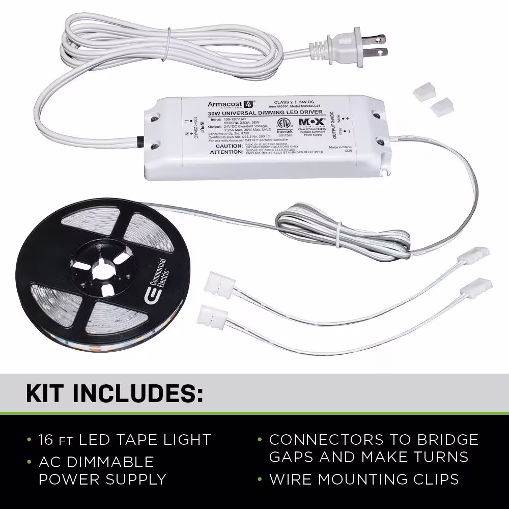 Commercial Electric 16 ft. LED AC Dimmable White Tape Light Kit Under Cabinet Light
