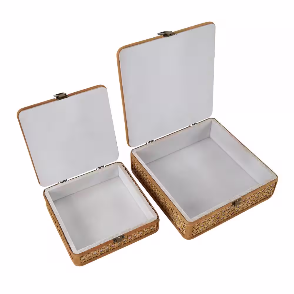 Litton Lane Square Rattan Handmade Woven Rattan Box with Bronze Latches (Set of 2)