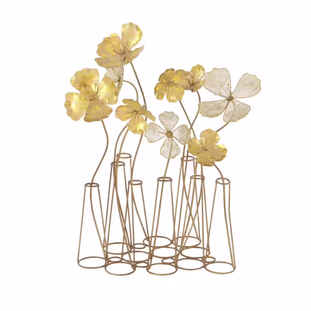 Litton Lane Gold Metal Floral Sculpture with Mesh Netting Detail