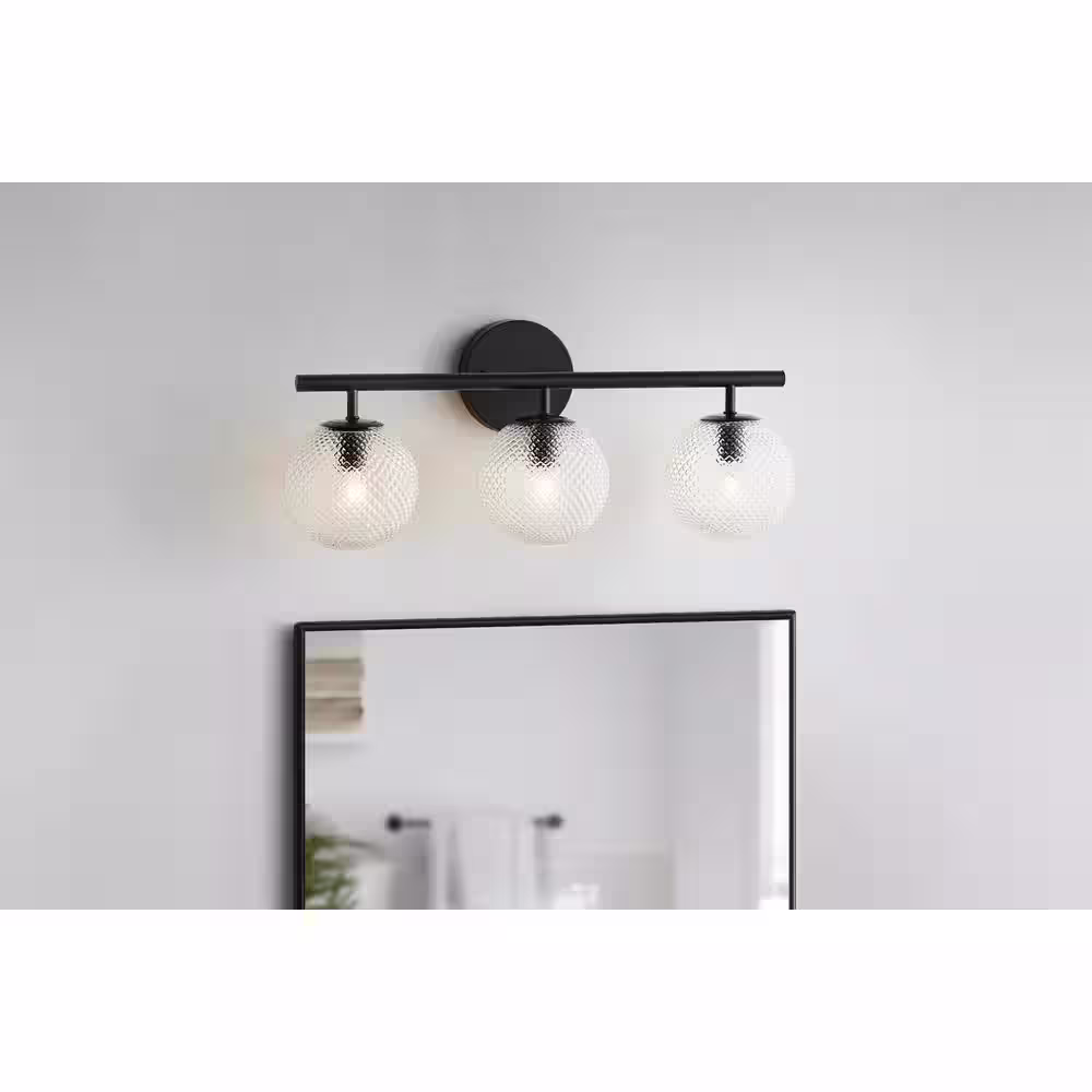 Hampton Bay Walsh 22 in. 3-Light Black Vanity Light with Prismatic Glass Shades