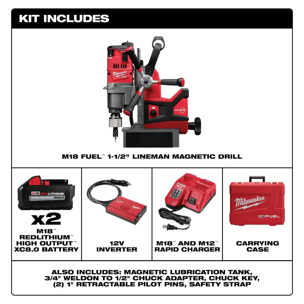 Milwaukee M18 FUEL 18V Lithium-Ion Brushless Cordless 1-1/2 in. Lineman Magnetic Drill High Demand Kit w/ Two 8.0Ah Batteries