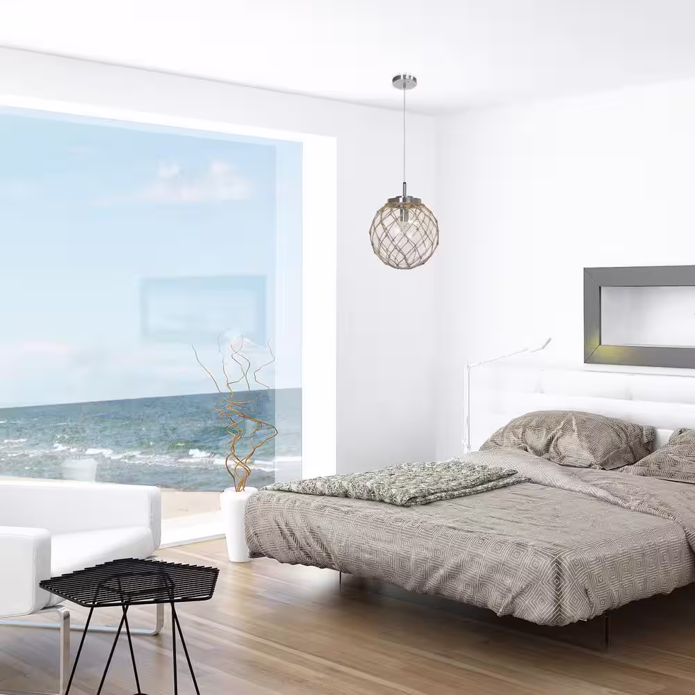 Elegant Designs 1-Light Buoy Netted Clear Brushed Nickel Coastal Ocean Sea Glass Pendant