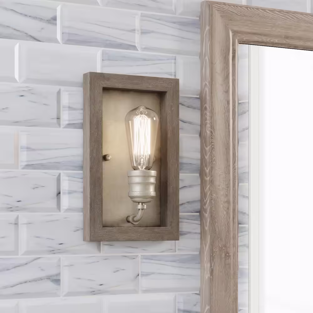 Home Decorators Collection Palermo Grove 7 in. 1-Light Antique Nickel Farmhouse Sconce with Painted Weathered Gray Wood Accents