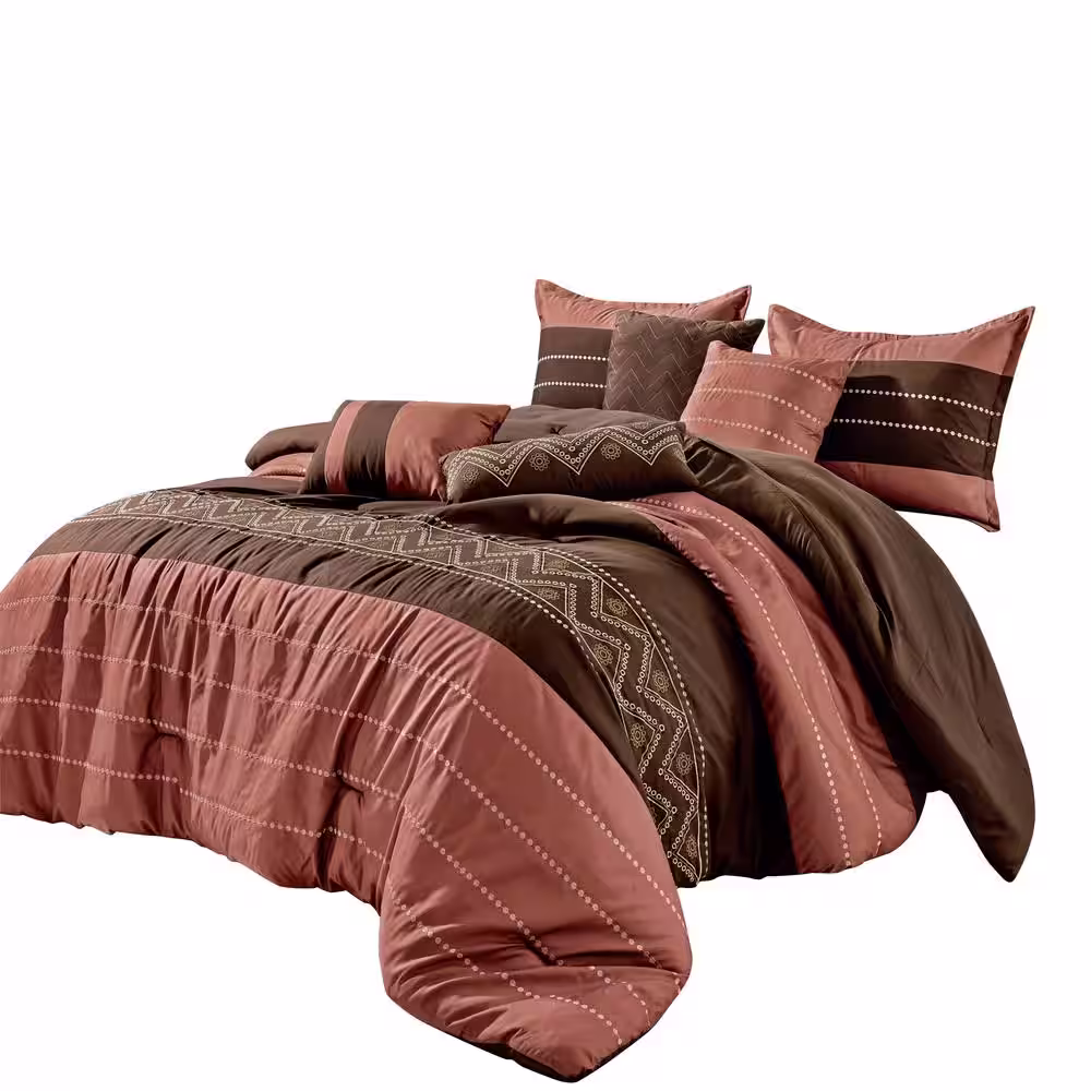 Shatex 7 Piece All Season Bedding Queen size Comforter Set, Ultra Soft Polyester Elegant Bedding Comforters Brown