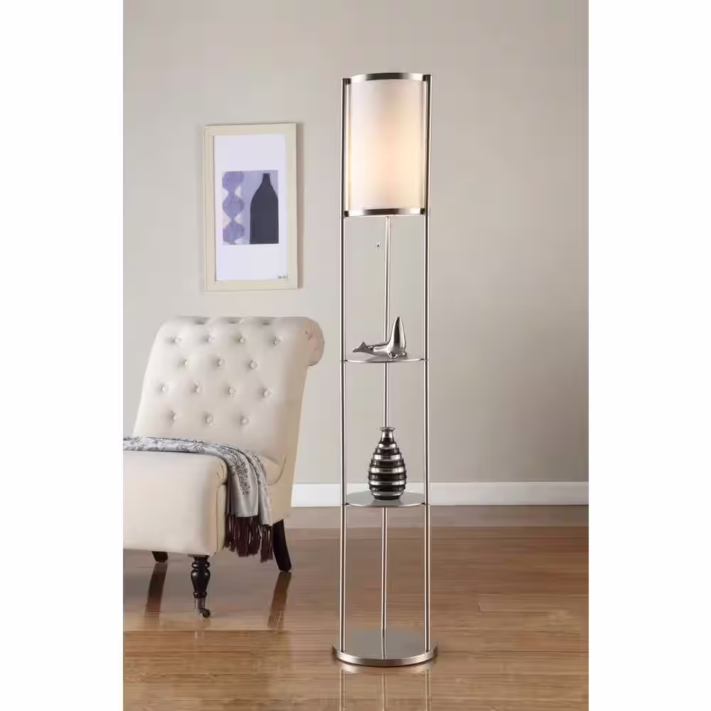 ARTIVA 63 in. Brushed Steel Floor Lamp with Glass Shelf