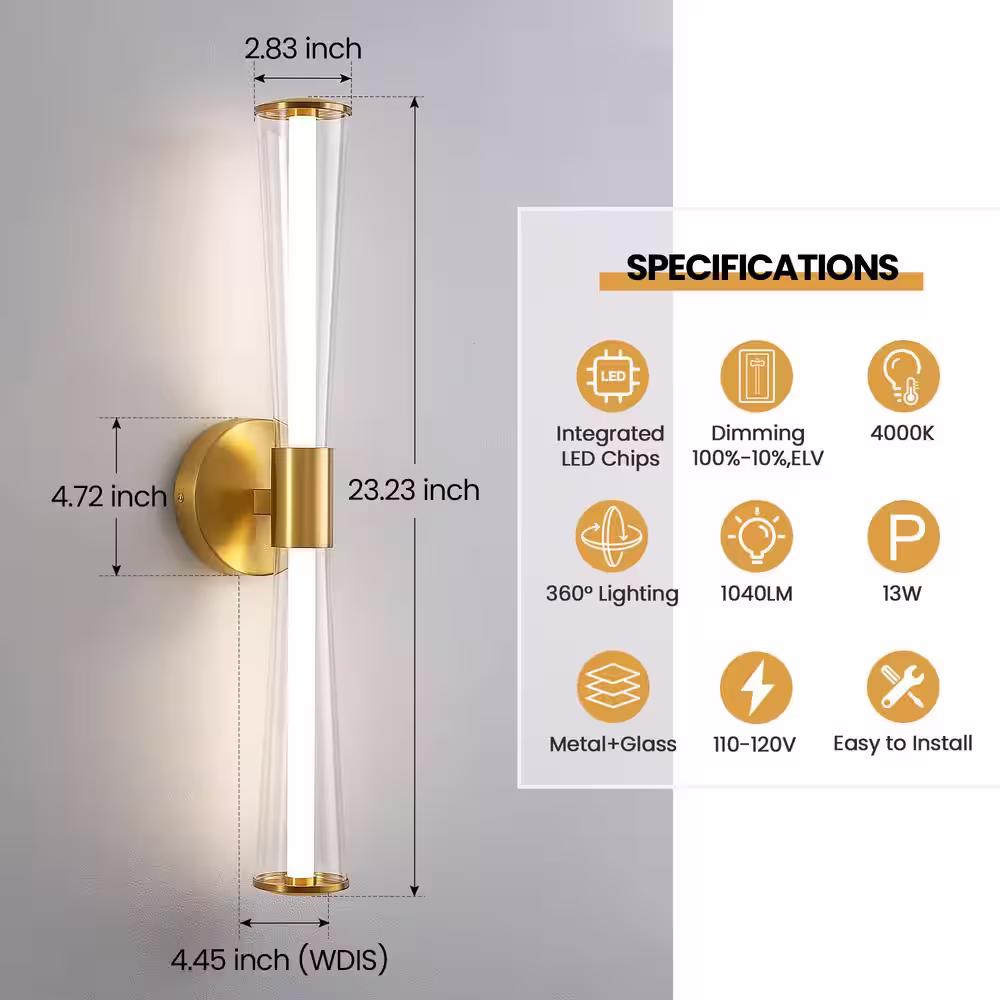 None Modern 2-light Gold Dimmable Wall Sconce with Clear Glass Shade LED Bathroom Vanity Light